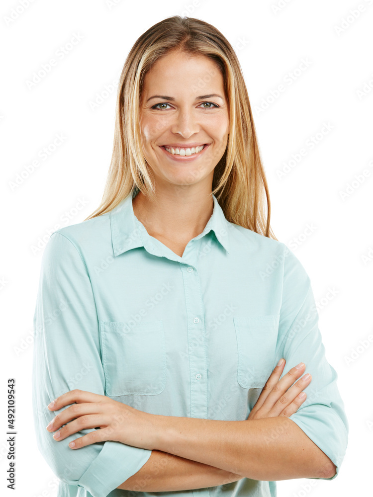 Happy thoughts build a happy life. Shot of a happy woman posing against a white background. Happy thoughts build a happy life. Shot of a happy woman posing against a white background.