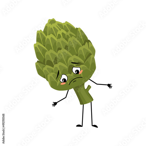 Artichoke character with sad emotions, depressed face, down eyes, arms and legs. Person with melancholy expression, green vegetable emoticon. Vector flat illustration