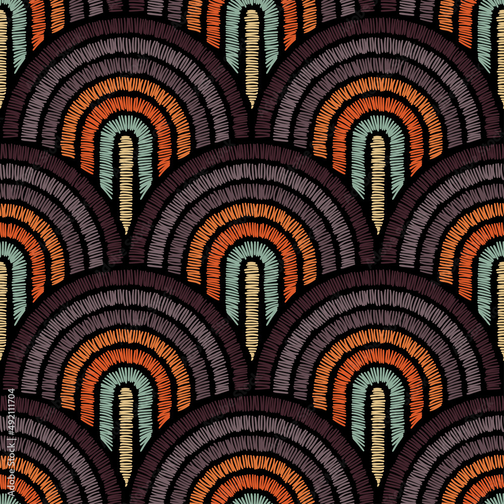 Seamless embroidered pattern. Wavy bohemian print. Patchwork ornament. Vector illustration.