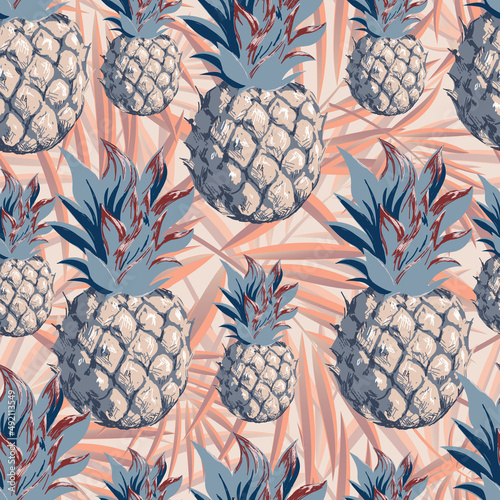 Pineapples with palm trees. Seamless pattern with ripe juicy tropical fruits and plants. Vector image. 