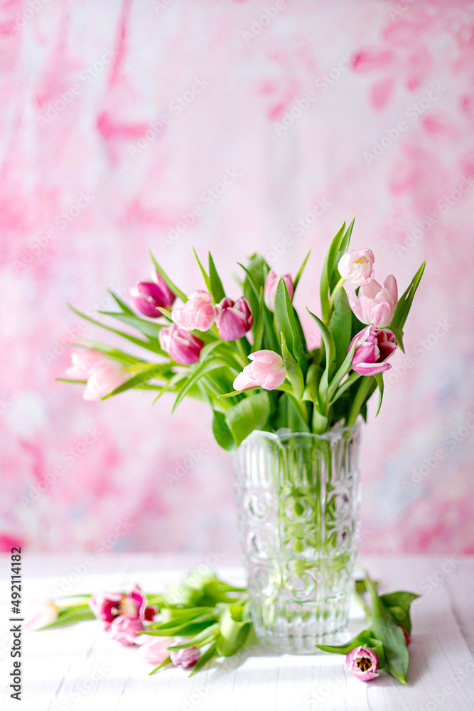 spring tulips on pink background. Greeting card for mothers day spring tulips on pink background. Greeting card for mothers day