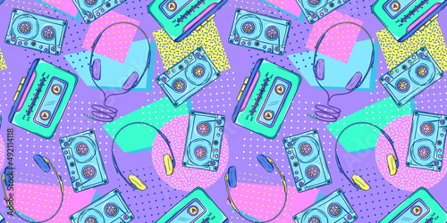 Headphones pattern 90s illustration. Retro headphones for personal cassette player, radio or boombox. 90s style vector. 1990s technology. Nostalgia for the 90s.
