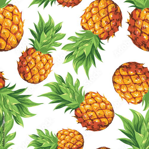 Pineapples with palm trees. Seamless pattern with ripe juicy tropical fruits and plants. Vector image. 