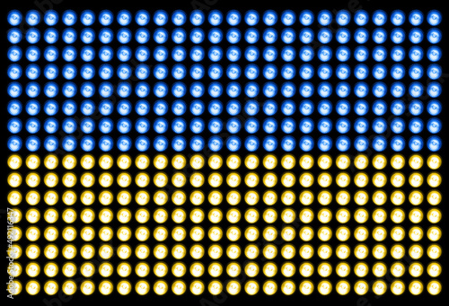 Flag of Ukraine, made of led bulbs, alligned on a grid, isolated on black photo
