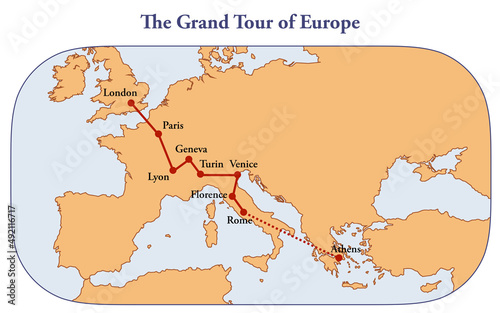 Map with the route of the classic grand tour of Europe