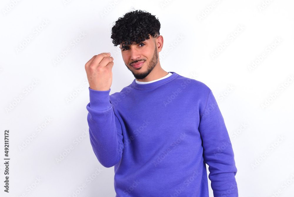 young arab man with curly hair wearing purple sweatshirt over white background Doing Italian gesture with hand and fingers confident expression
