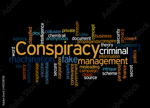 Word Cloud with CONSPIRACY concept, isolated on a black background