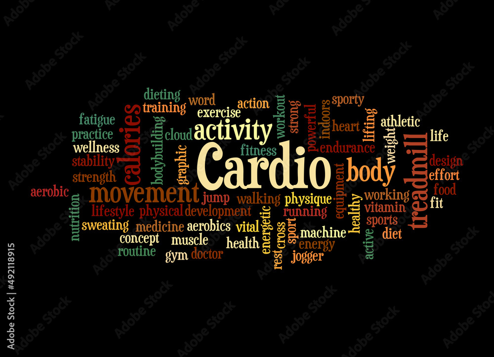 Word Cloud with CARDIO concept, isolated on a black background Word Cloud with CARDIO concept, isolated on a black background