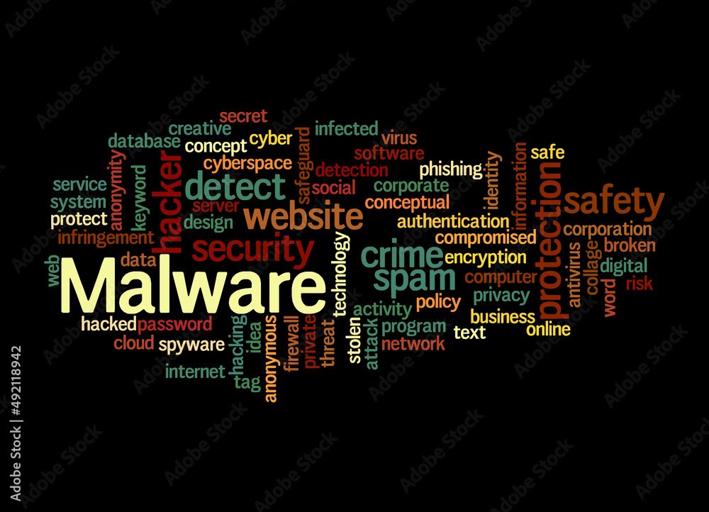Word Cloud with MALWARE concept, isolated on a black background Word Cloud with MALWARE concept, isolated on a black background