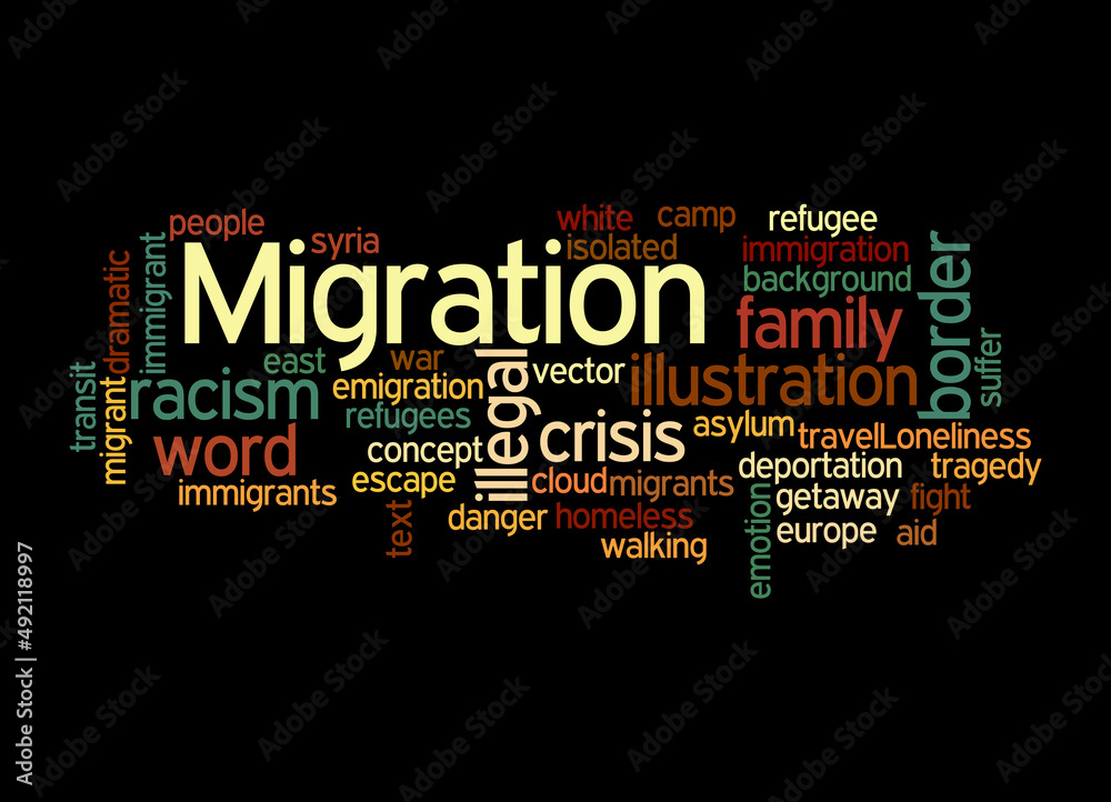 Word Cloud with MIGRATION concept, isolated on a black background Word Cloud with MIGRATION concept, isolated on a black background