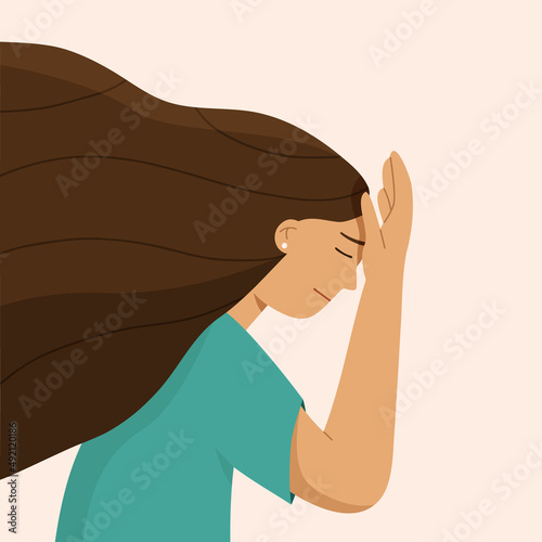 Frustrated exhausted woman touching her forehead