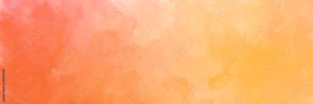 Fototapeta premium Pastel orange textured painted watercolor art texture background with abstract bright color smoke or cloud pattern in spring colors panoramic banner design backdrop
