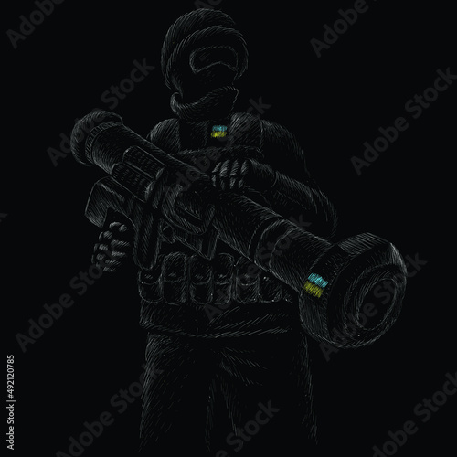 Ukrainian soldier 2022 with a grenade launcher Javelin rocket launcher in the civil war with the Russian Federation. Ukraine will win !!! Glory to Ukraine!!!
