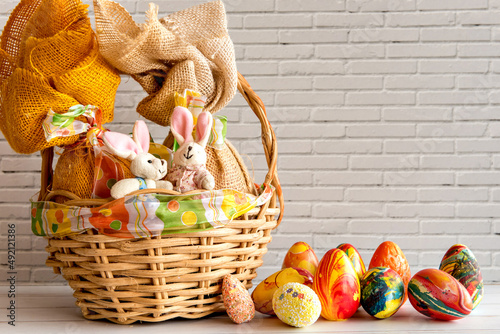 Decoration with colored easter eggs and easter bunny  easter concept.