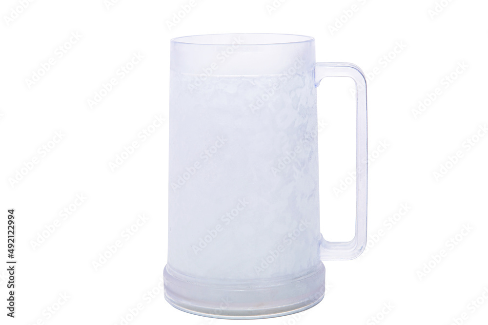 Empty white frozen beer mug with ergonomic handle isolated on white background with copy space Empty white frozen beer mug with ergonomic handle isolated on white background with copy space