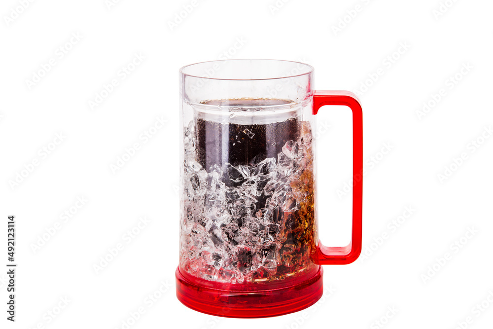 Full red beer mug with coke with ergonomic handle isolated on white background with copy space