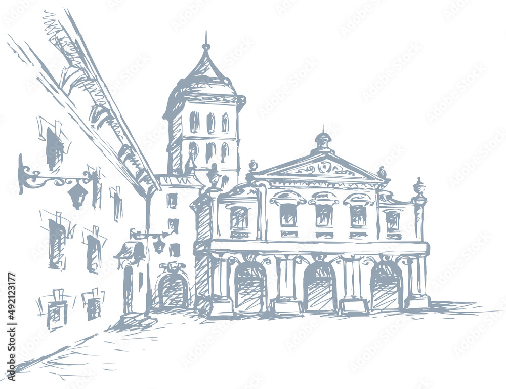 Old city street. Vector drawing