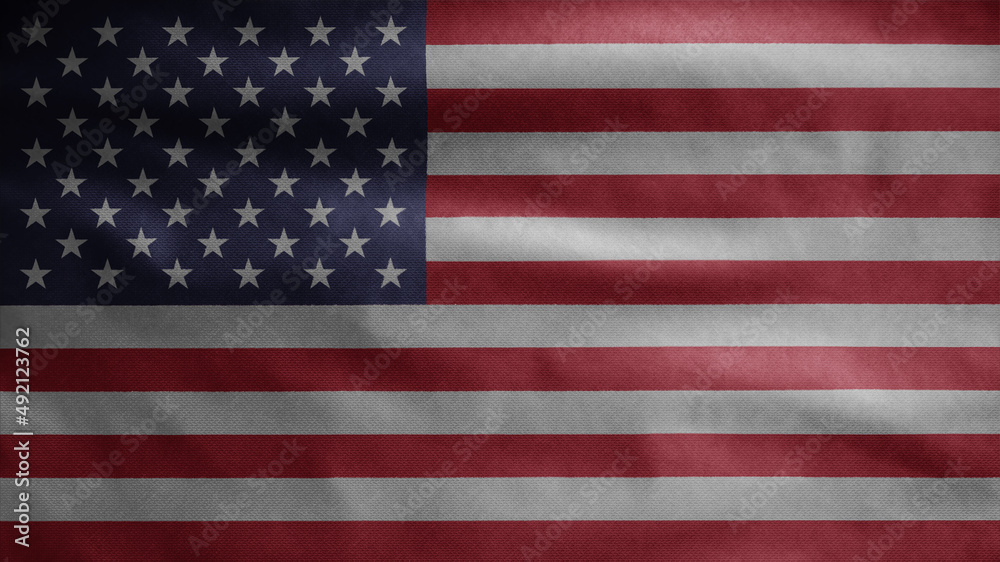 Naklejka premium American flag waving on wind. Close up of USA banner blowing soft silk.