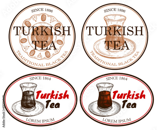 Turkish tea badges isolated on white background. Sketch drawing logo templates of traditional Istanbul black tea. Engraved cup of arabian hot drink. Hand drawn vintage emblems. Vector illustration.