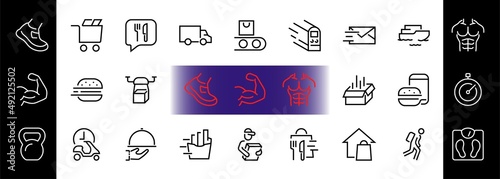PIZZA DELIVERY, and Food Icon Set Vector thin line, contains courier, home delivery, food ordering, fast transport, drone, ship, car, editable stroke. ICONS circuits