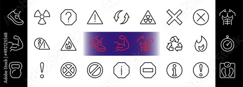 WARNINGS simple set of thin line vector icons. Contains icons such as warning, exclamation mark, reuse, warning sign and more. Editable stroke. Vector illustration
