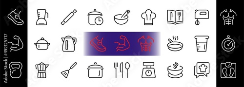 Set of icons for cooking and kitchen, vector lines, contains icons such as a knife, saucepan, boiling time, mixer, scales, recipe book. Editable stroke, perfect 480x480 pixels, white background