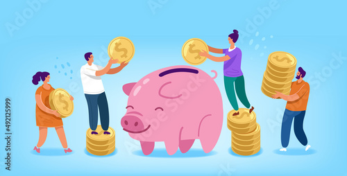 People carry coins and put money in piggy bank. Finance concept vector illustration