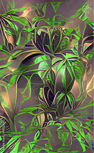 Luxury golden art deco wallpaper. Floral pattern with golden split-leaf Philodendron plant with monstera plant line art on green emerald color background. Vector illustration.
