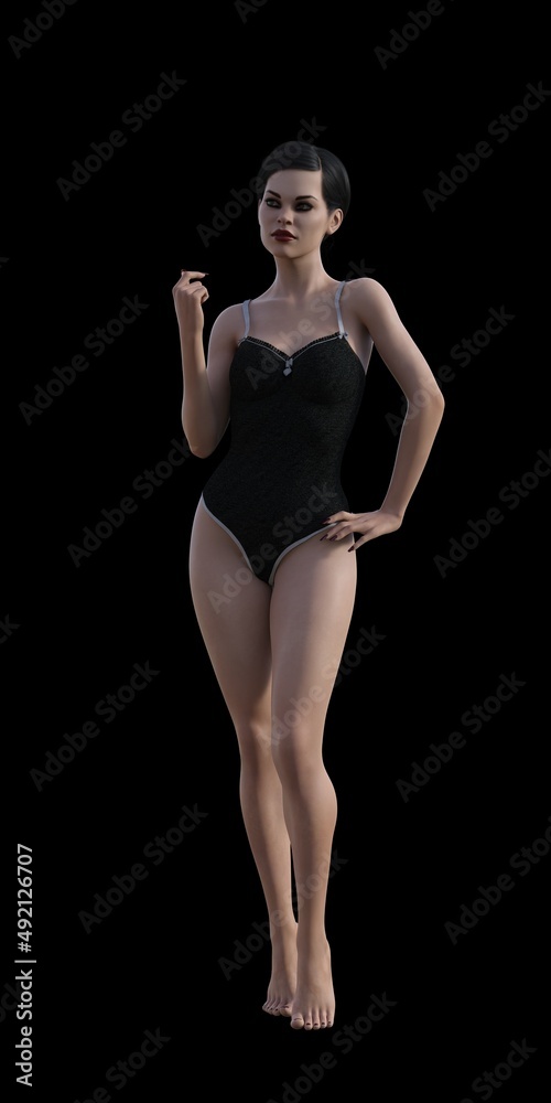 gorgeous adult female fashion model with dark hair poses on white background, 3D illustration.