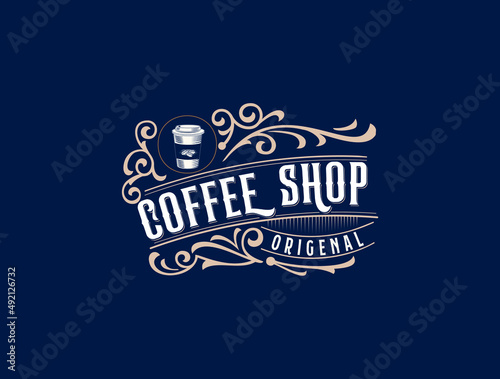 Coffee logo cup retro vintage vector illustration on dark background.