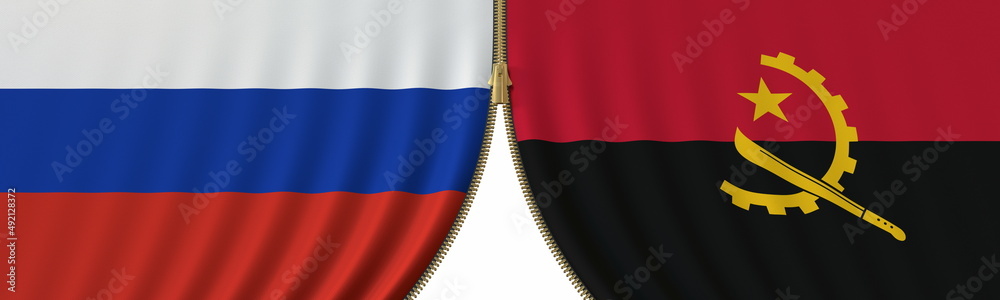 Flags of Russia and Angola and closing or opening zipper between them. Political negotiations or interaction conceptual 3D rendering Flags of Russia and Angola and closing or opening zipper between them. Political negotiations or interaction conceptual 3D rendering