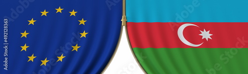 EU and Azerbaijan political cooperation or conflict, flags and closing or opening zipper, conceptual 3D rendering