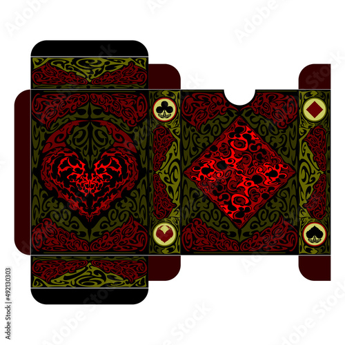 Red and gold poker playing card box template with hearts and diamonds suits. Oriental fairy tale style. Vector illustration isolated on white background.
