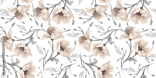 Fototapeta Naklejka Na Ścianę i Meble -  seamless watercolor floral pattern - soft yellow brown flowers and branches composition on white background for wrappers, wallpapers, postcards, greeting cards, wedding invitations, romantic events.