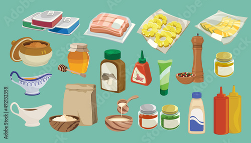 Set of grocery items from canned , fruit ,sauce ,jam and meat.