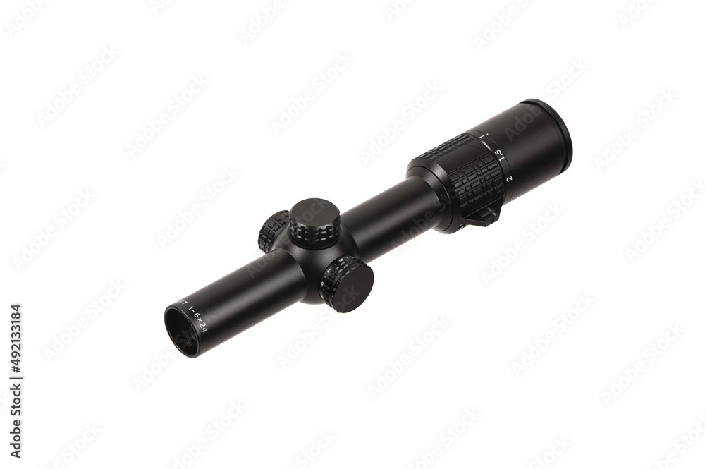 Modern black optical sight. Optical device for aiming at long distances. Isolate on a white back Modern black optical sight. Optical device for aiming at long distances. Isolate on a white back