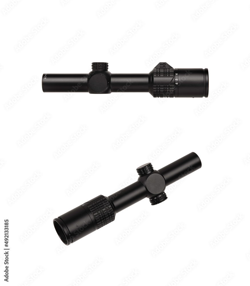 Modern black optical sight. Optical device for aiming at long distances. Isolate on a white back Modern black optical sight. Optical device for aiming at long distances. Isolate on a white back