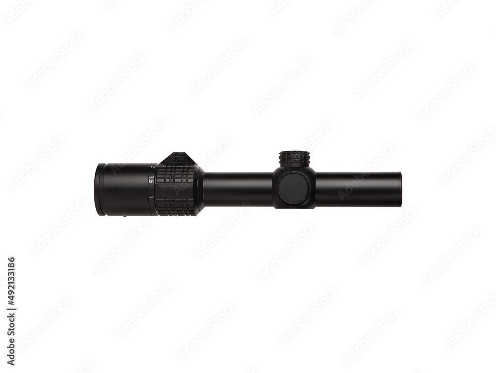 Modern black optical sight. Optical device for aiming at long distances. Isolate on a white back Modern black optical sight. Optical device for aiming at long distances. Isolate on a white back