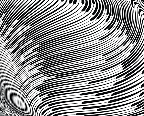  Line art optical art. Psychedelic background. Monochrome background. Optical illusion style. Black dark background. Modern pattern. Abstract graphic texture. Graphic ornament. Vector template