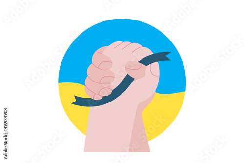 War and peace - Handshake -modern flat vector concept digital illustration of two hands holding together a ribbon, in fight gesture, on the Ukranian flag colored background. Creative anti-war poster.