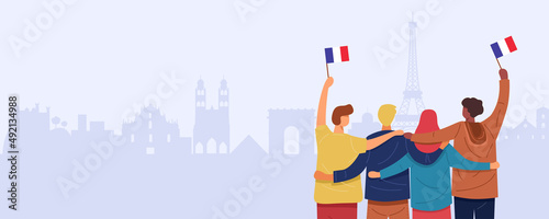 We love France Banner. Back view of people hugging together and holding Flag of France, Vector