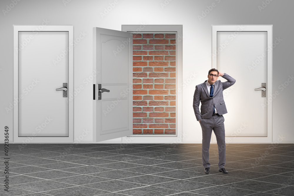 Fototapeta premium Businessman facing no exit with brick door