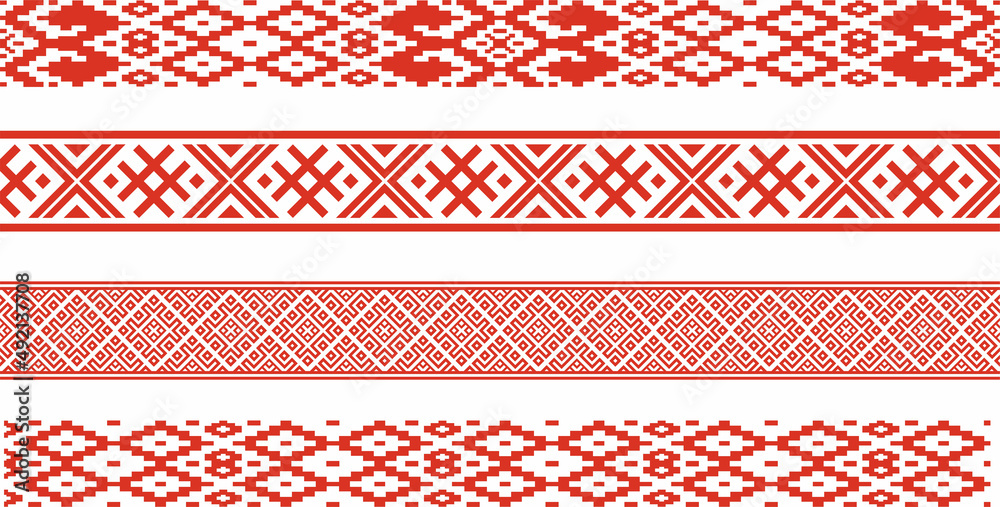 Vector red set of seamless belarusian national ornament. Ethnic pattern of Slavic peoples, Russian, Ukrainian, Serb, Pole, Bulgarian. Cross stitch template.
 - obrazy, fototapety, plakaty 