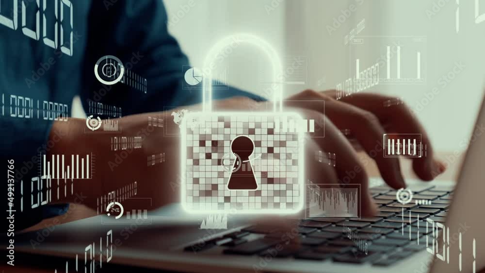 Businessman uses capable laptop computer to manage cyber security system for defending computer virus , computer crime and hackers in order to maintain security of cyber business