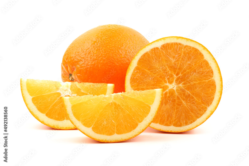 Whole orange fruit and segments or cantles isolated on white background cutout Whole orange fruit and segments or cantles isolated on white background cutout