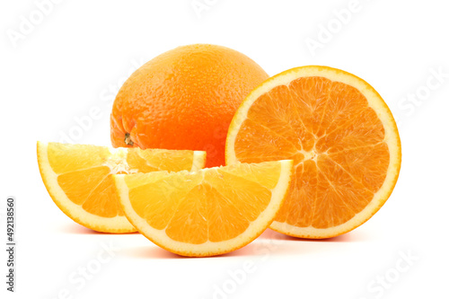Whole orange fruit and segments or cantles isolated on white background cutout