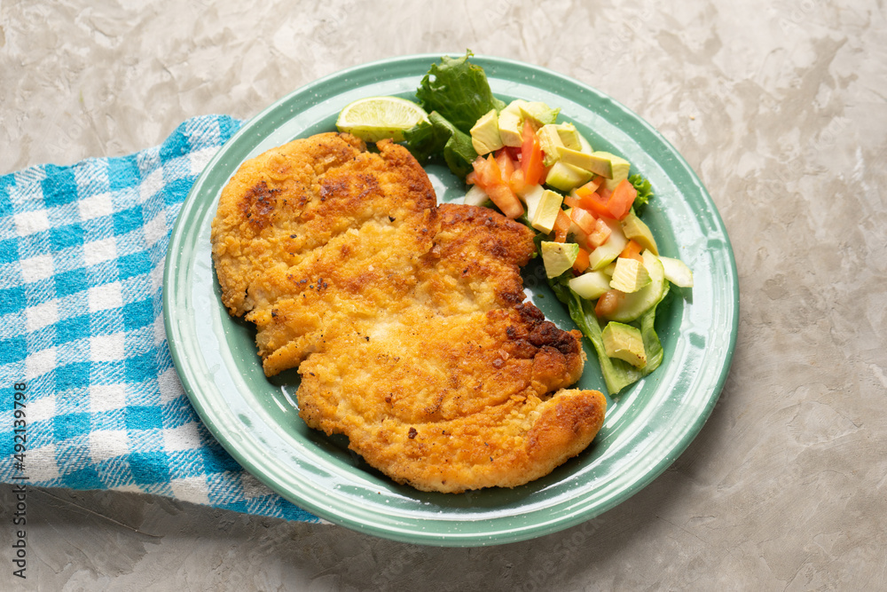 Crispy chicken fillets with salad. Healthy food Crispy chicken fillets with salad. Healthy food