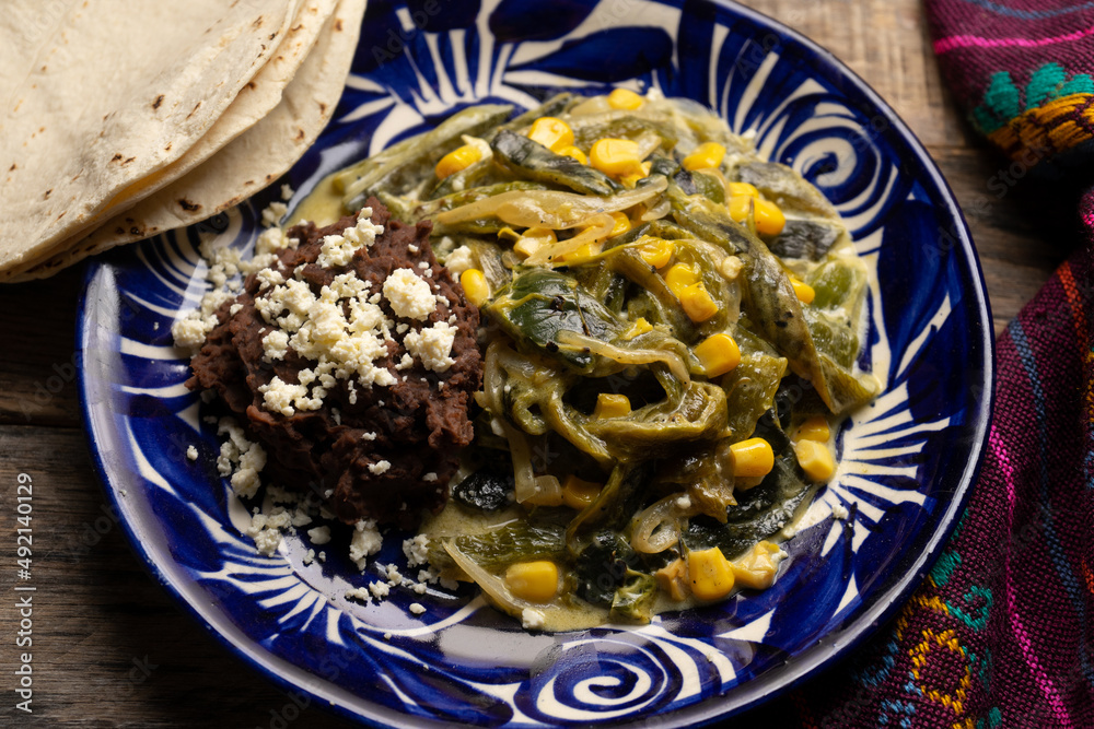 Poblano pepper rajas with cream sauce. Mexican food Poblano pepper rajas with cream sauce. Mexican food