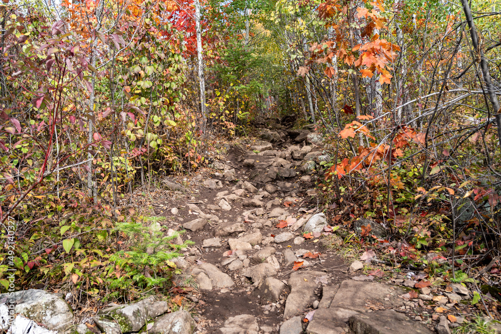 Extremely rocky uphill hiking trail, taken on the Superior Hiking Trail at Bean and Bear Lake Loop, Minnesota Extremely rocky uphill hiking trail, taken on the Superior Hiking Trail at Bean and Bear Lake Loop, Minnesota