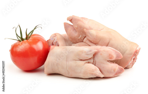 fresh pig trotter and red tomato on white background 